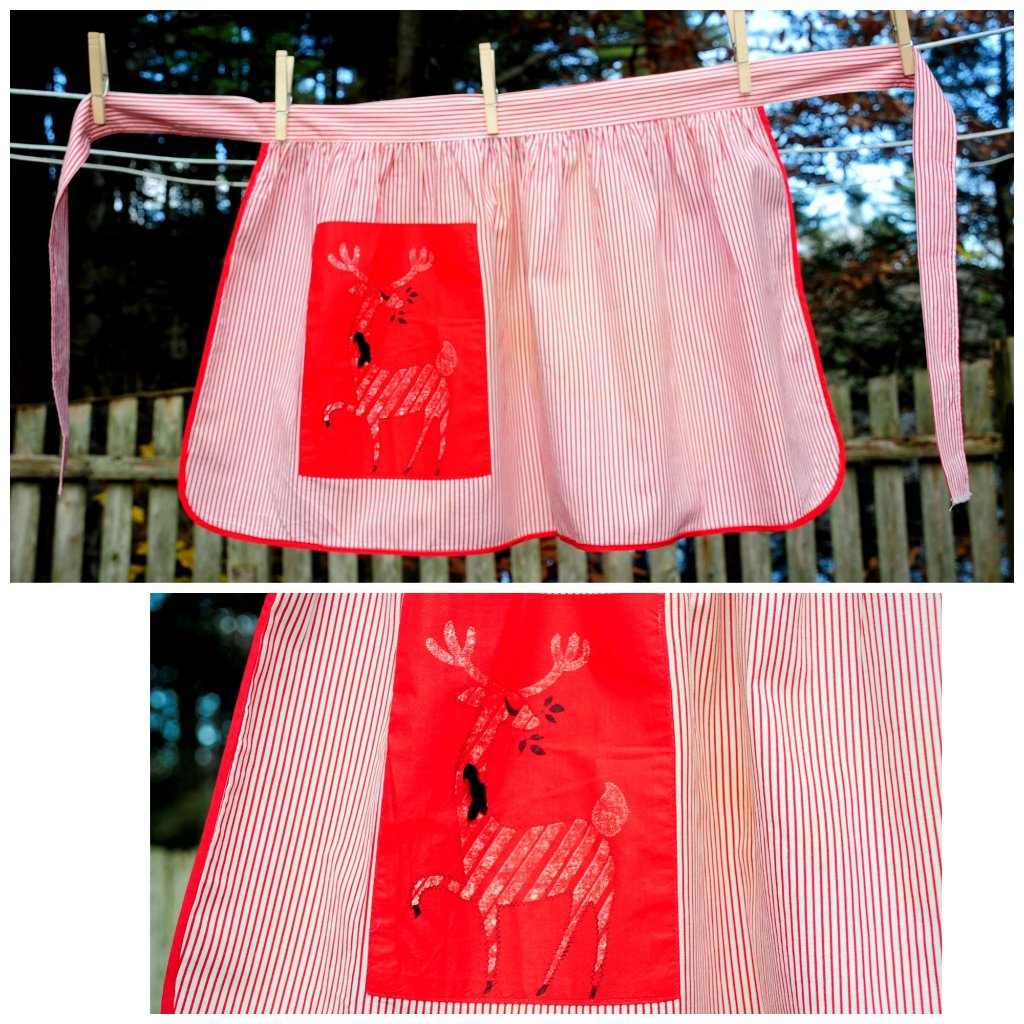 Vtg Christmas Apron Candy Stripe Reindeer Pocket